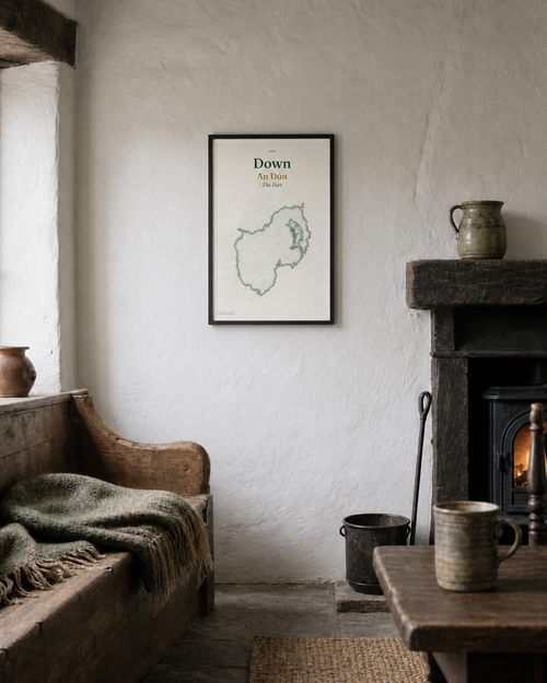 County Down framed print in an old Irish farmhouse sitting room