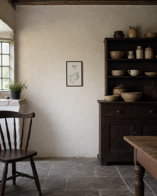 County Down framed print in an old Irish farmhouse kitchen