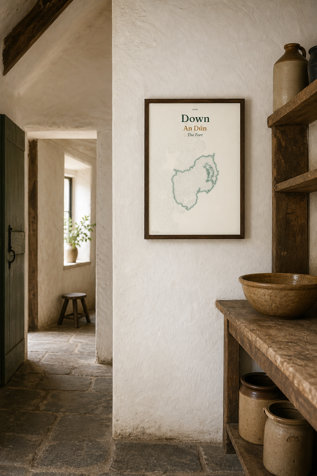 Townlands Down framed print in a zoomed-out old Irish farmhouse dairy passage setting